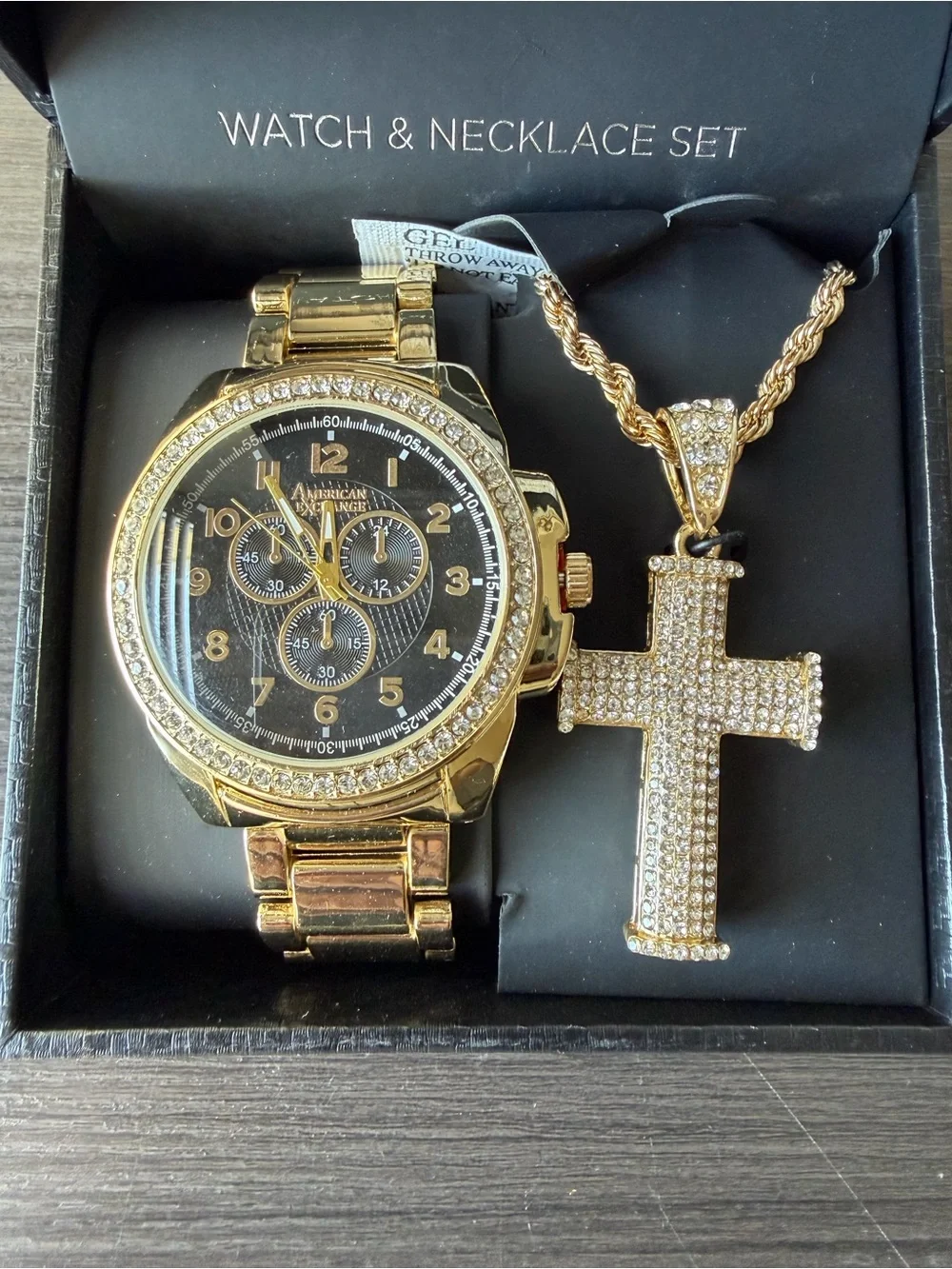 ⁠American Exchange Men Gold Tone Watch Necklace Set Iced Out Crystal Cross Box